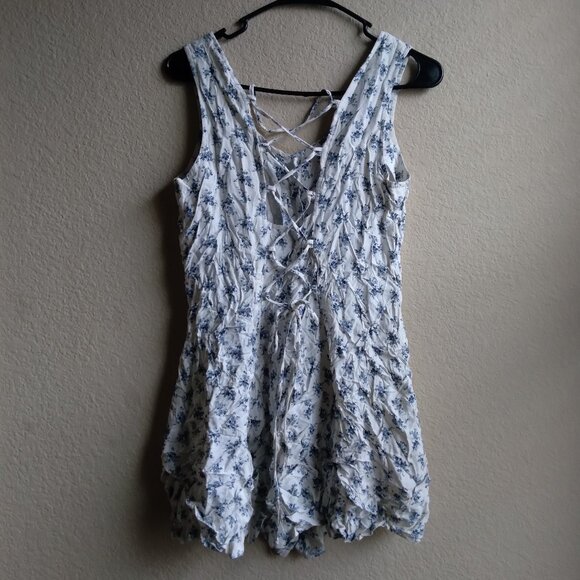 Vintage 90s Frederick's of Hollywood White Floral Mini Dress with Lace Up Back - Picture 3 of 4